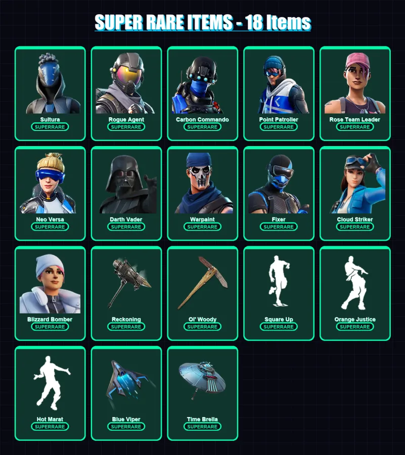 [PC/XBOX] | Sultura | Rogue Agent | Carbon Commando | Point Patroller | Rose Team Leader | 244 skin | 232 pickaxe | 219 emote | 175 glider | Lv3125 — Fortnite account