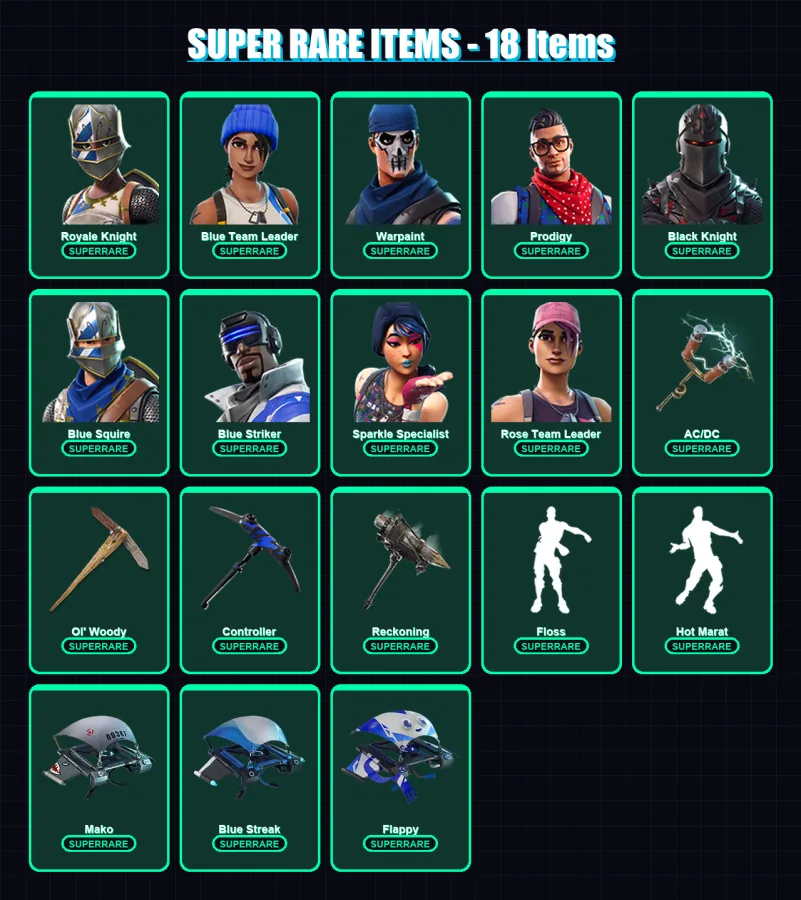 [PC/XBOX/PSN] | Royale Knight | Blue Team Leader | Warpaint | Prodigy | Black Knight | 39 skin | 43 pickaxe | 58 emote | 46 glider | Lv616