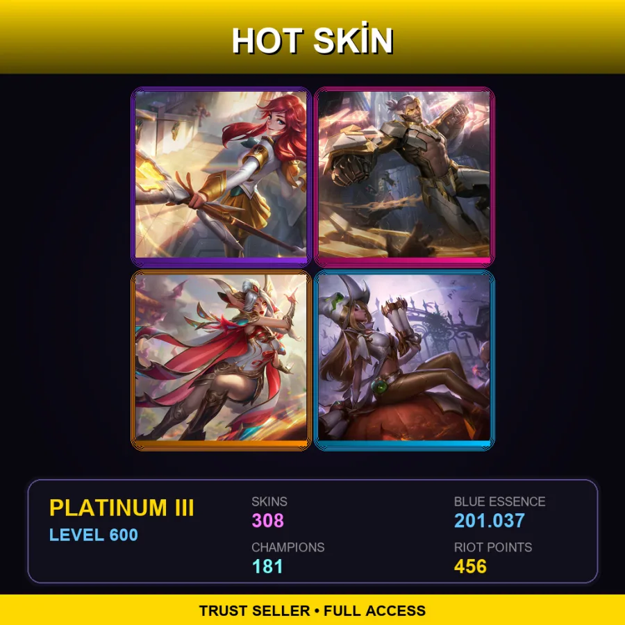 LAS | Prestige Battle Academia Lux | Prestige PROJECT: Sylas | Prestige Brave Phoenix Xayah | 308 Skin | 181 Champ | Platinum III | Lv600