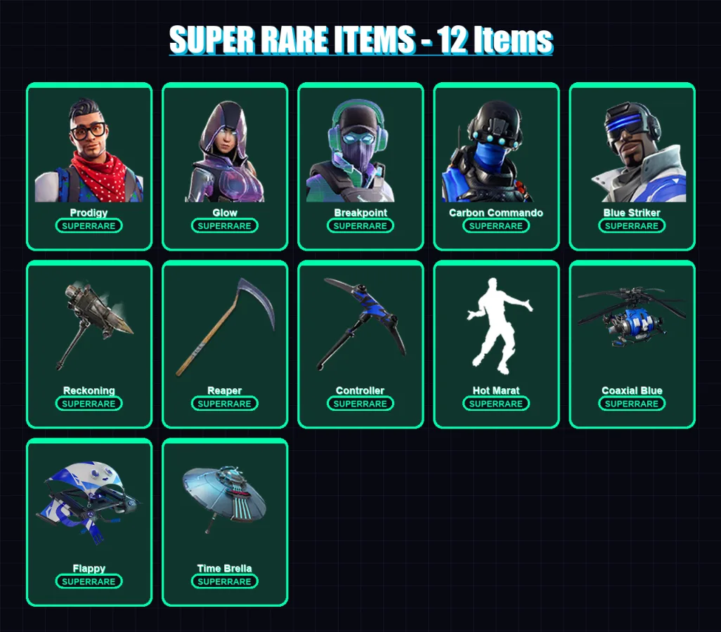 [PS4/PS5/XBOX/PC] | Prodigy | Glow | Breakpoint | Carbon Commando | Blue Striker | 205 skin | 220 pickaxe | 165 emote | 194 glider | Lv2743