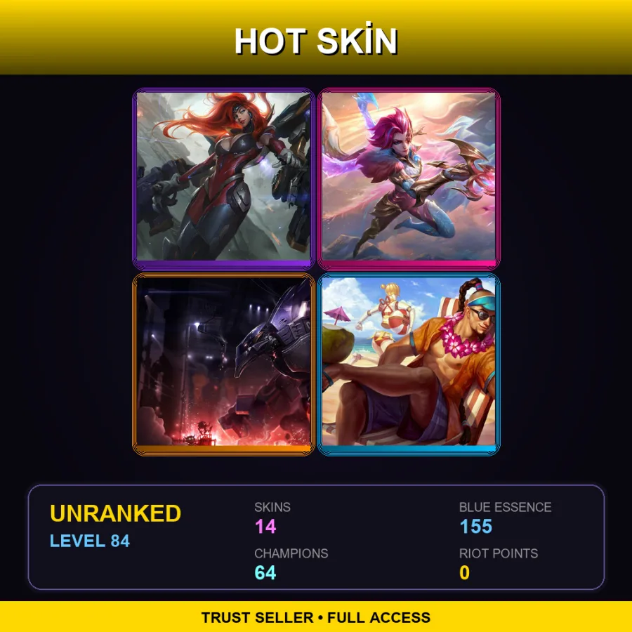 LAS | Gun Goddess Miss Fortune | Dragonmancer Fiora | Mecha Malphite | Pool Party Lee Sin | 14 Skin | 64 Champ | Lv84