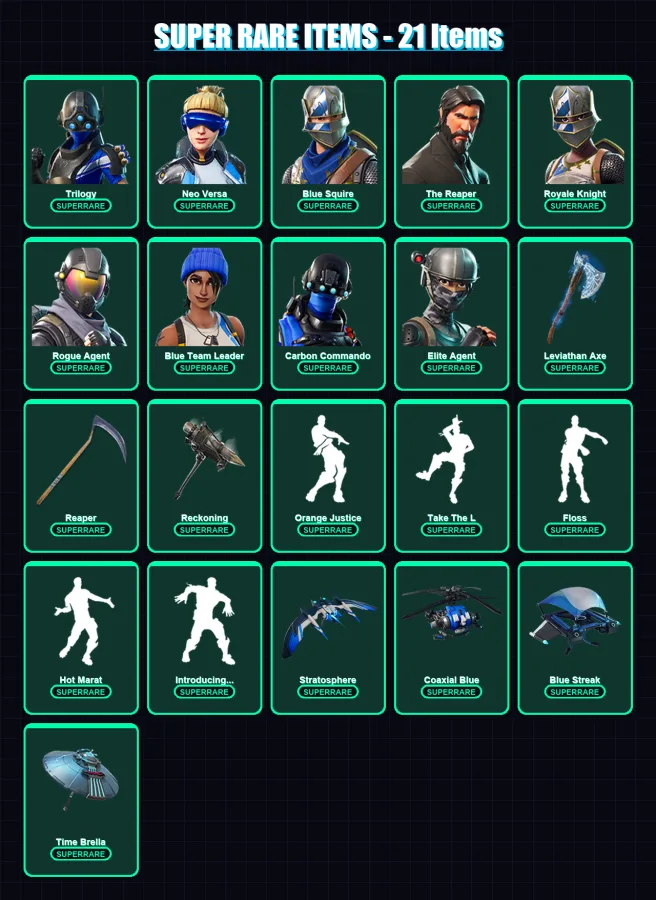 [PC/XBOX] | Trilogy | Neo Versa | Blue Squire | The Reaper | Royale Knight | 135 skin | 113 pickaxe | 113 emote | 116 glider | Lv1638