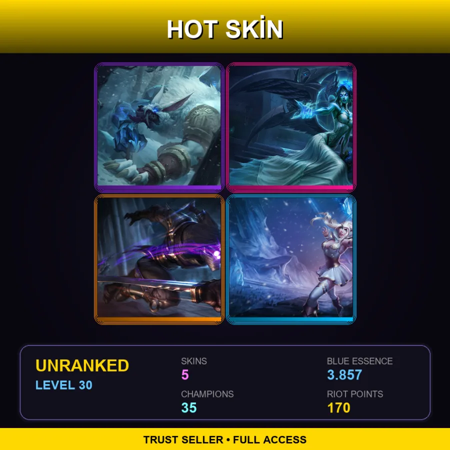 LAN | Tundra Hunter Warwick | Ghost Bride Morgana | Assassin Master Yi | Freljord Ashe | 5 Skin | 35 Champ | Lv30