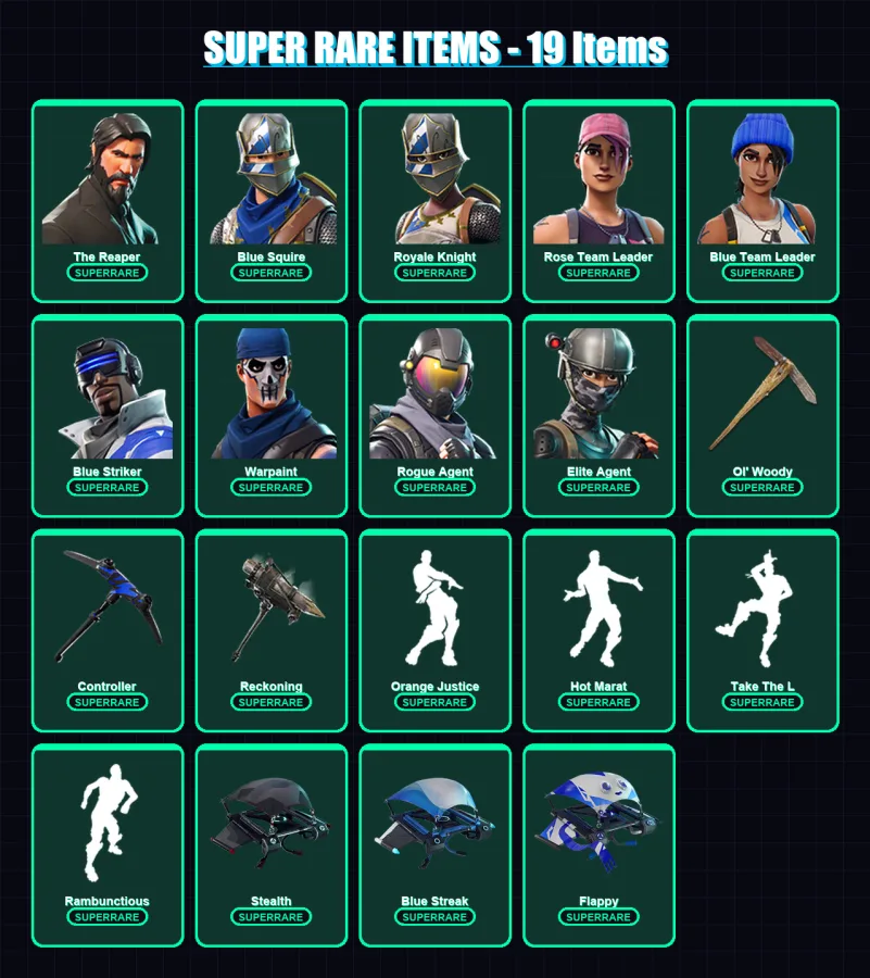 [PC/XBOX/PSN] | The Reaper | Blue Squire | Royale Knight | Rose Team Leader | Blue Team Leader | 79 skin | 80 pickaxe | 96 emote | 82 glider | Lv112