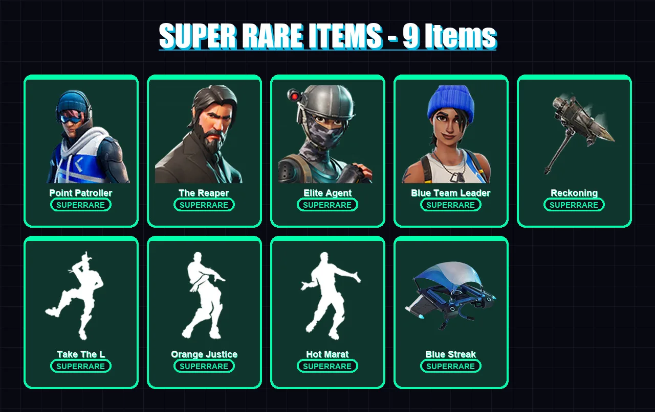 [PS4/PS5/XBOX/PC] | Point Patroller | The Reaper | Elite Agent | Blue Team Leader | Enforcer | 97 skin | 107 pickaxe | 112 emote | 95 glider | Lv140