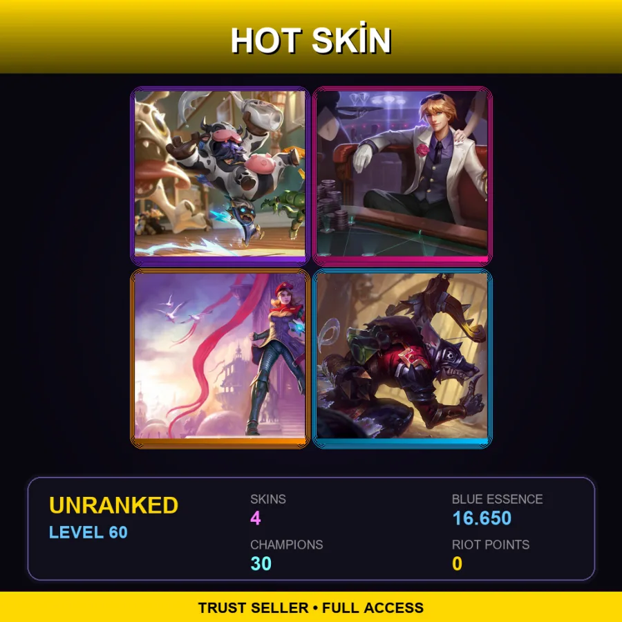 LAS | Lv60 | Unranked | 4 Skin | 30 Champ — LoL account