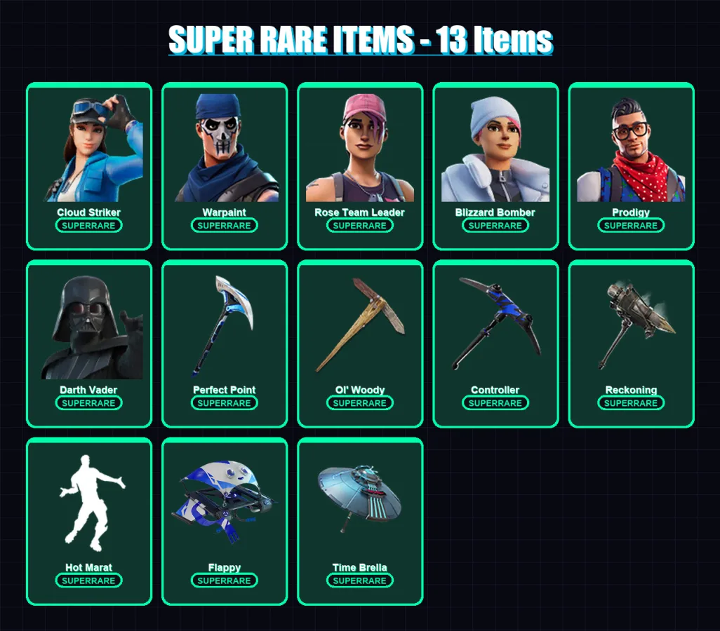 [PC/XBOX] | Cloud Striker | Warpaint | Rose Team Leader | Blizzard Bomber | Prodigy | 62 skin | 52 pickaxe | 81 emote | 52 glider | Lv565