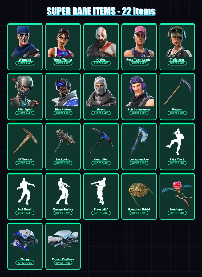 [PC] | Warpaint | World Warrior | Kratos | Rose Team Leader | Trailblazer | 307 skin | 278 pickaxe | 243 emote | 216 glider | Lv2227