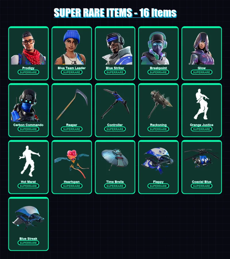 [PC/XBOX] | Prodigy | Blue Team Leader | Blue Striker | Breakpoint | Glow | 101 skin | 79 pickaxe | 75 emote | 71 glider | Lv1289
