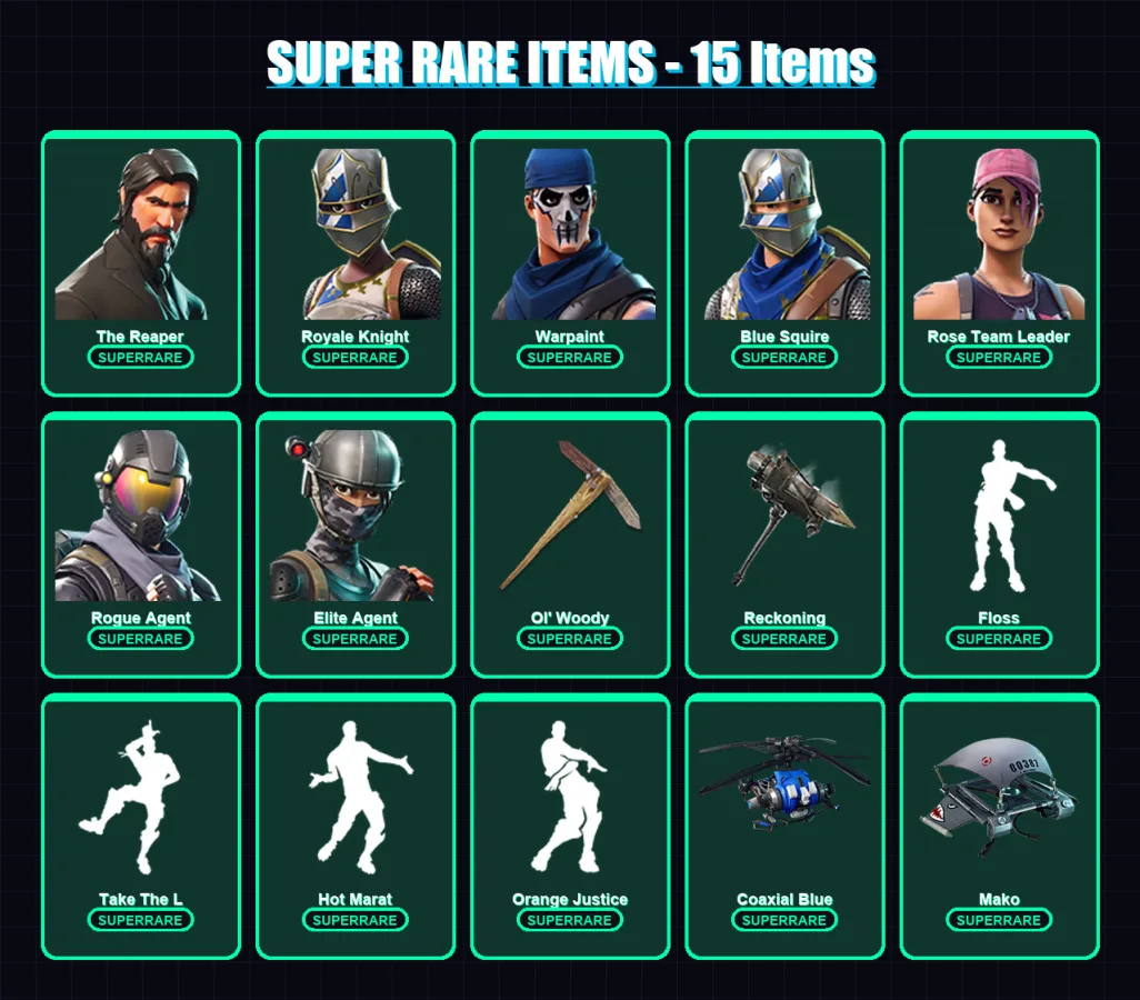 [PS4/PS5/XBOX/PC] | The Reaper | Royale Knight | Warpaint | Blue Squire | Rose Team Leader | 125 skin | 107 pickaxe | 136 emote | 116 glider | Lv158