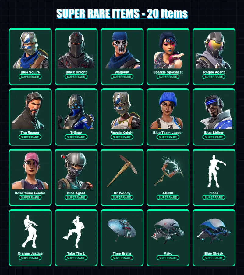 [PC/XBOX] | Blue Squire | Black Knight | Warpaint | Sparkle Specialist | Rogue Agent | 47 skin | 47 pickaxe | 59 emote | 51 glider | Lv699