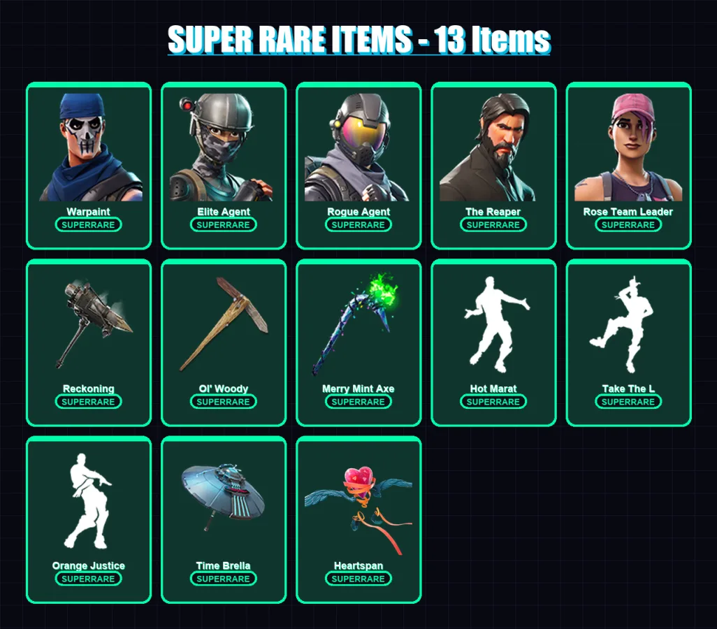 [PC/XBOX/PSN] | Warpaint | Elite Agent | Rogue Agent | The Reaper | Rose Team Leader | 108 skin | 98 pickaxe | 113 emote | 98 glider | Lv1375 — Fortnite account