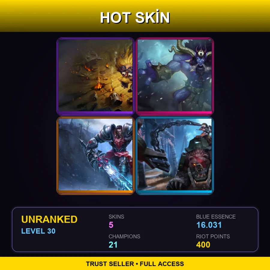RU | Blast Zone Heimerdinger | Unchained Alistar | Dreadknight Garen | Bear Cavalry Sejuani | 5 Skin | 21 Champ | Lv30