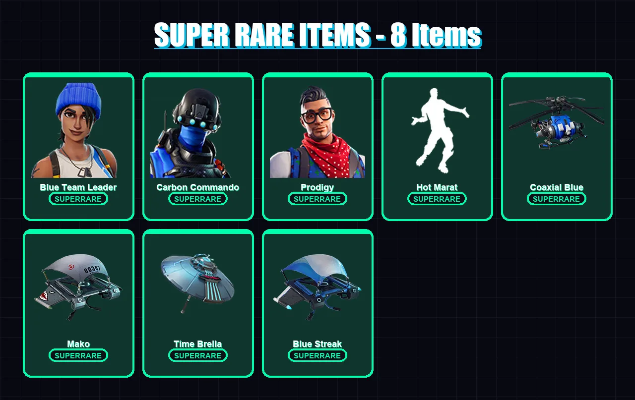 [PC/XBOX] | Blue Team Leader | Carbon Commando | Prodigy | Yulejacket | Blitz Knight | 14 skin | 48 pickaxe | 44 emote | 52 glider | Lv870