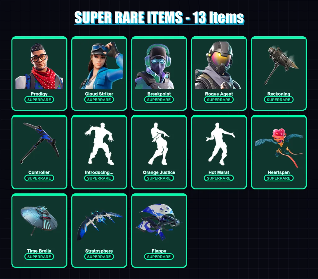 [PS4/PS5/XBOX/PC] | Prodigy | Cloud Striker | Breakpoint | Rogue Agent | The Prisoner | 120 skin | 159 pickaxe | 136 emote | 146 glider | Lv2013