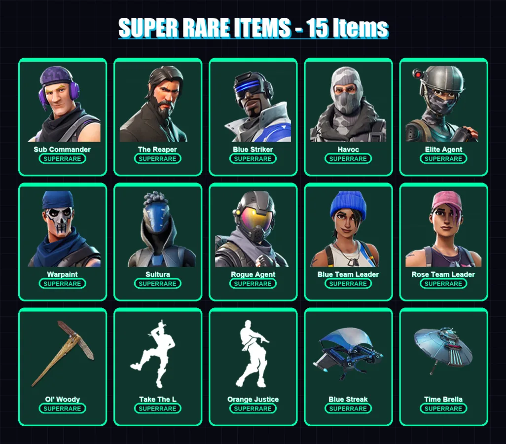 [PS4/PS5/XBOX/PC] | Sub Commander | The Reaper | Blue Striker | Havoc | Elite Agent | 57 skin | 67 pickaxe | 77 emote | 60 glider | Lv1123