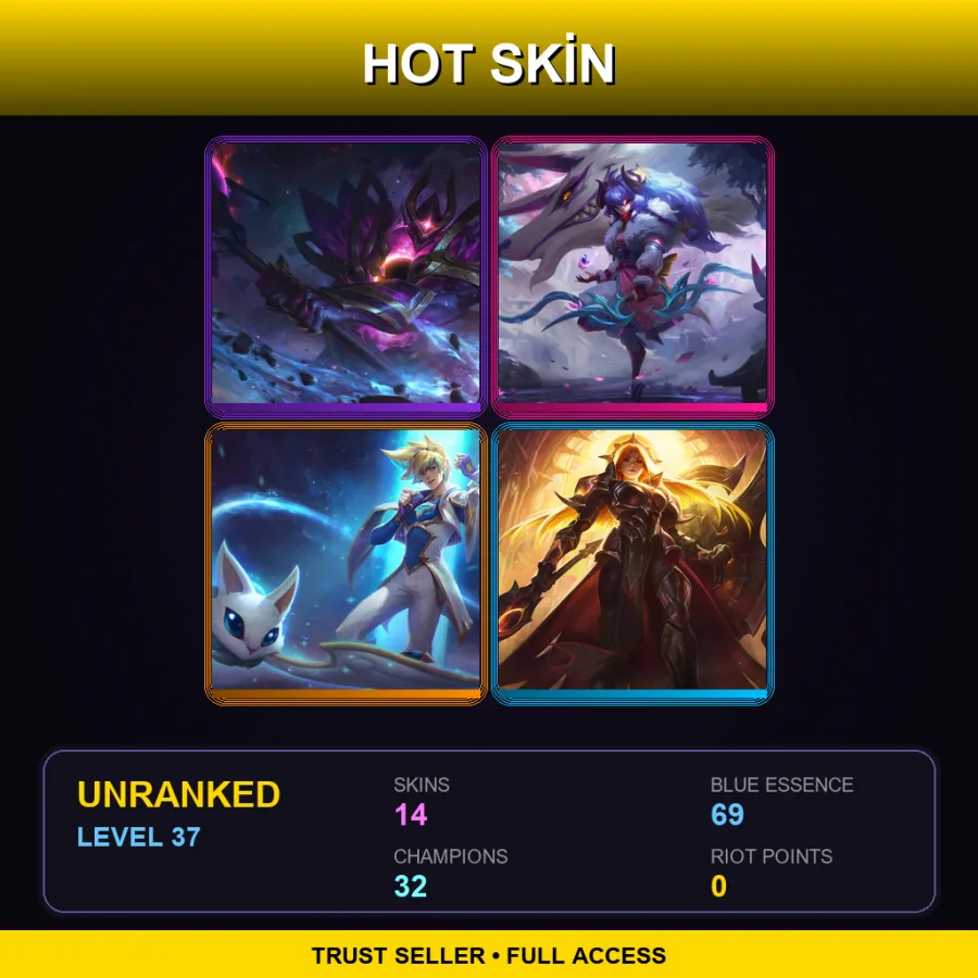 VN | Dark Star Mordekaiser | Spirit Blossom Kindred | Star Guardian Ezreal | Solar Eclipse Leona | 14 Skin | 32 Champ | Lv37