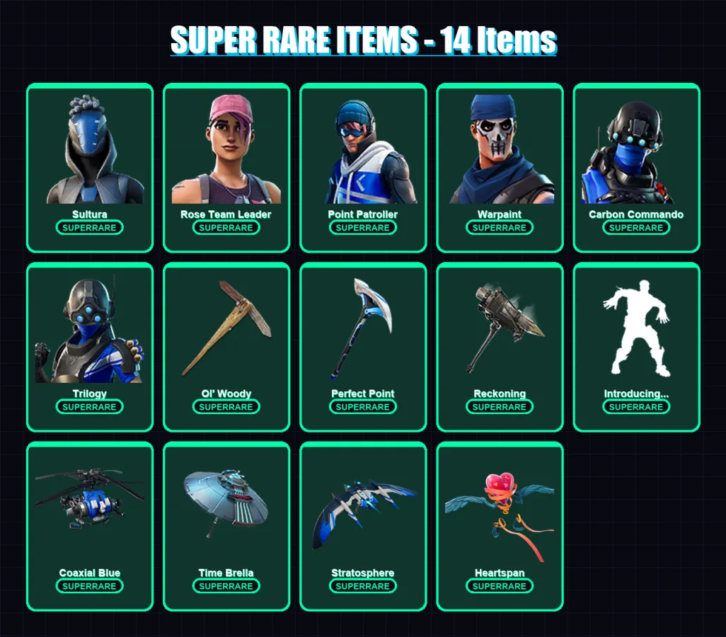 [PS4/PS5/XBOX/PC] | Sultura | Rose Team Leader | Point Patroller | Warpaint | Carbon Commando | 62 skin | 60 pickaxe | 86 emote | 62 glider | Lv553