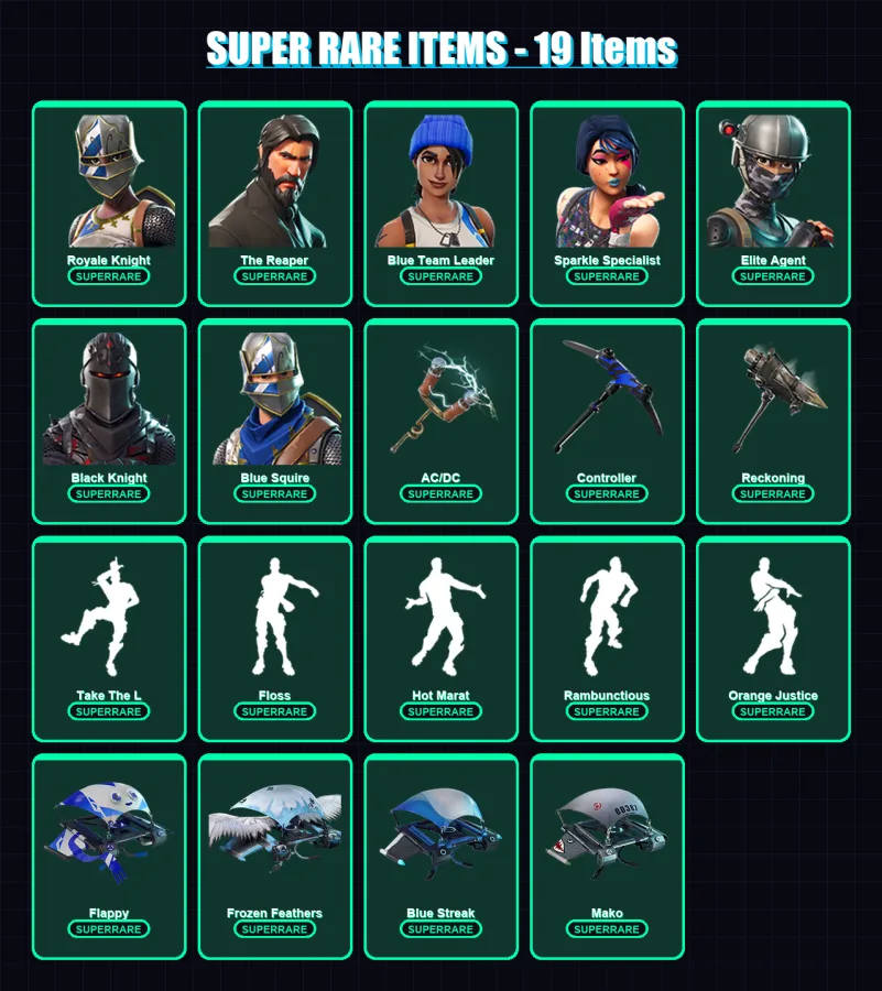 [PC/XBOX] | Royale Knight | The Reaper | Blue Team Leader | Sparkle Specialist | Elite Agent | 97 skin | 103 pickaxe | 100 emote | 90 glider | Lv185