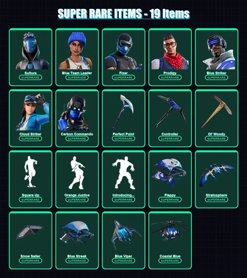 [PS4/PS5/XBOX/PC] | Sultura | Blue Team Leader | Fixer | Prodigy | Blue Striker | 24 skin | 59 pickaxe | 44 emote | 49 glider | Lv784