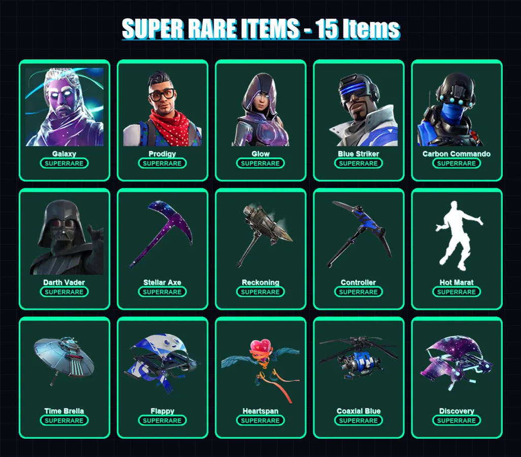 [PS4/PS5/XBOX/PC] | Galaxy | Prodigy | Glow | Blue Striker | Carbon Commando | 138 skin | 189 pickaxe | 140 emote | 159 glider | Lv2462