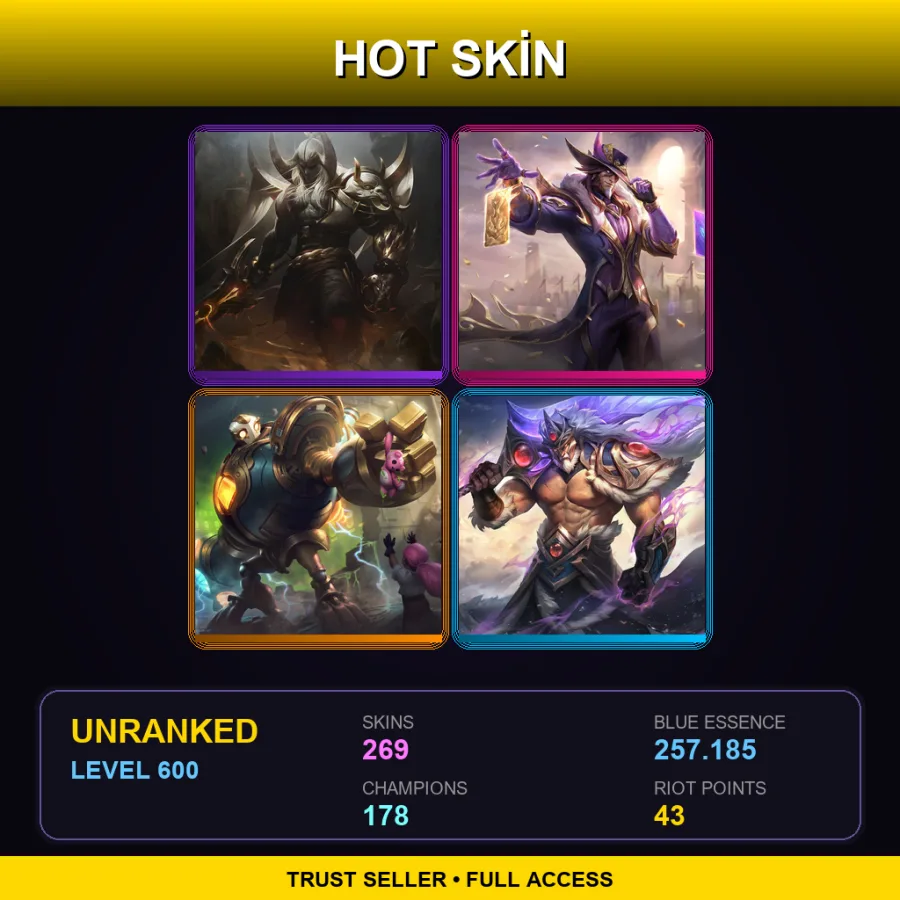 LAS | Prestige Blood Moon Aatrox | Victorious Twisted Fate | Victorious Blitzcrank | Victorious Tryndamere | 269 Skin | 178 Champ | Lv600