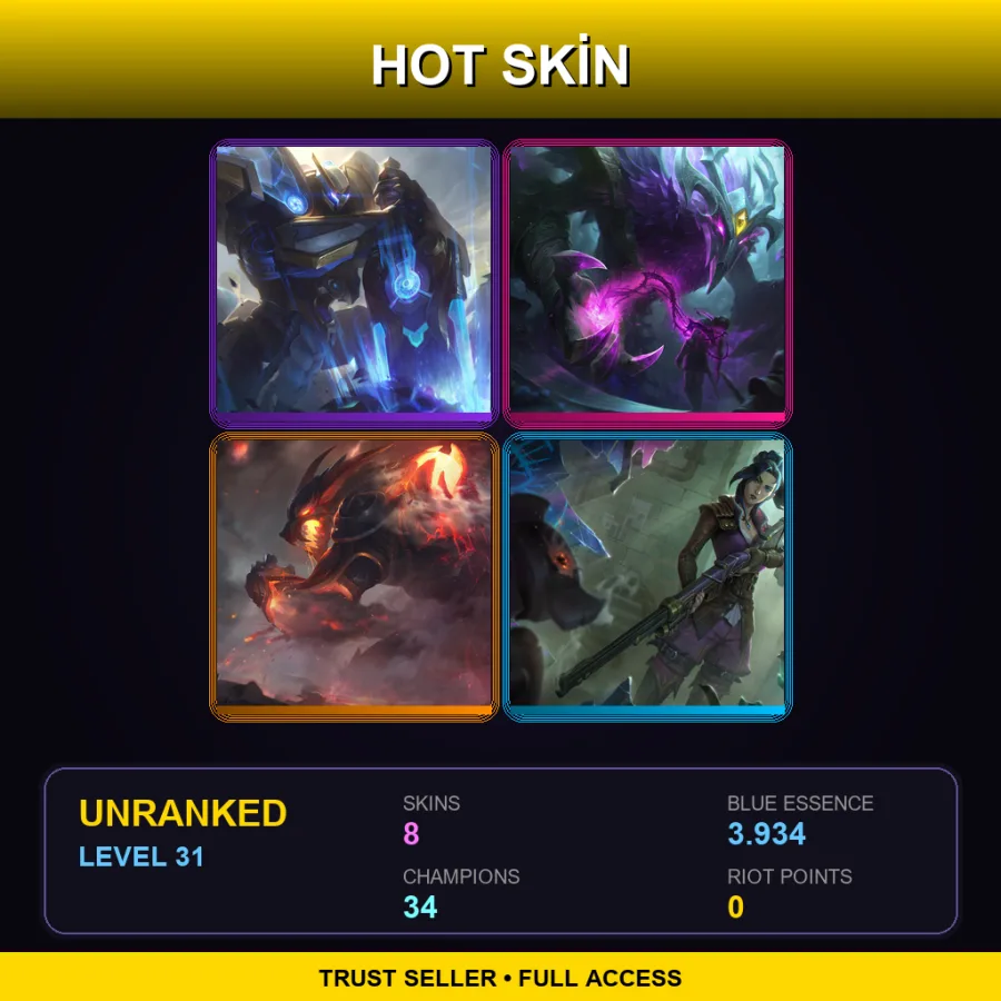 LAN | Lv31 | Unranked | 8 Skin | 34 Champ — LoL account