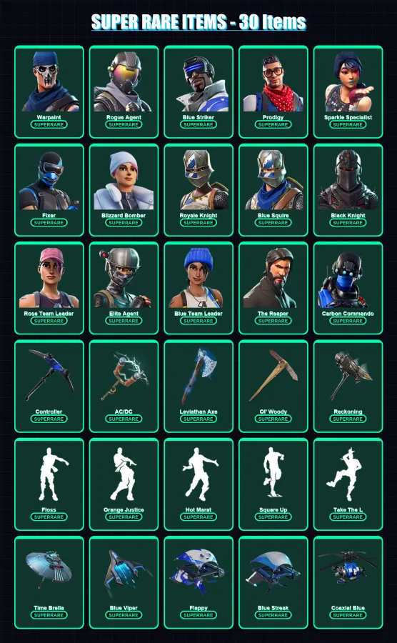 [PS4/PS5/XBOX/PC] | Warpaint | Rogue Agent | Blue Striker | Prodigy | Sparkle Specialist | 105 skin | 128 pickaxe | 126 emote | 115 glider | Lv1390