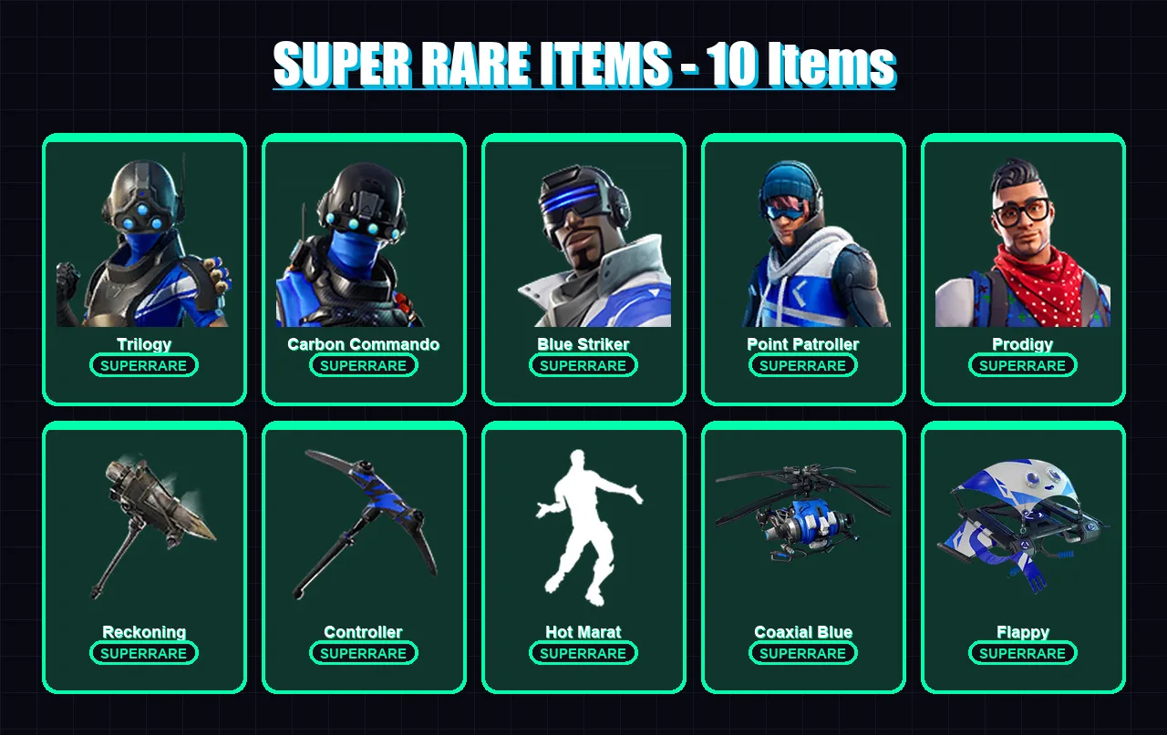 [PC] | Trilogy | Carbon Commando | Blue Striker | Point Patroller | Prodigy | 57 skin | 48 pickaxe | 48 emote | 44 glider | Lv457