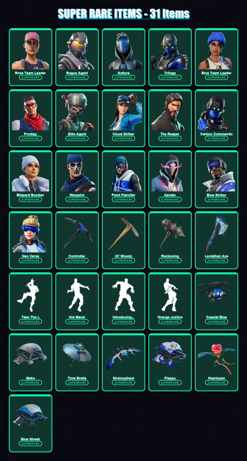 [PS4/PS5/XBOX/PC] | Rose Team Leader | Rogue Agent | Sultura | Trilogy | Blue Team Leader | 117 skin | 110 pickaxe | 107 emote | 117 glider | Lv1627