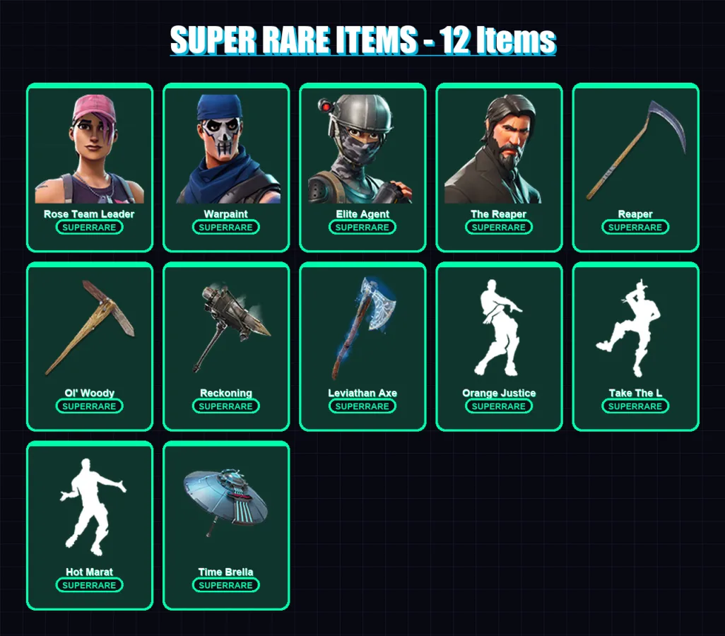 [PC/XBOX/PSN] | Rose Team Leader | Warpaint | Elite Agent | The Reaper | Ronin | 106 skin | 102 pickaxe | 94 emote | 102 glider | Lv1625