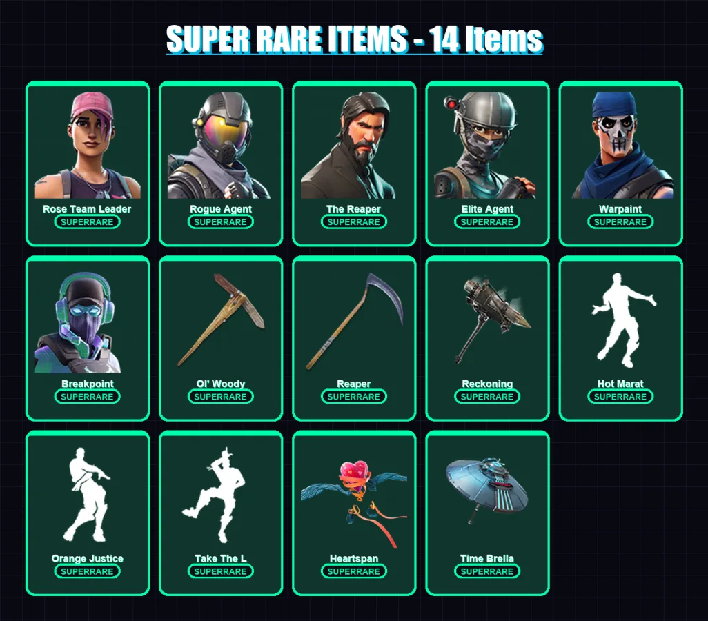 [PC/XBOX/PSN] | Rose Team Leader | Rogue Agent | The Reaper | Elite Agent | Warpaint | 131 skin | 109 pickaxe | 109 emote | 95 glider | Lv1172