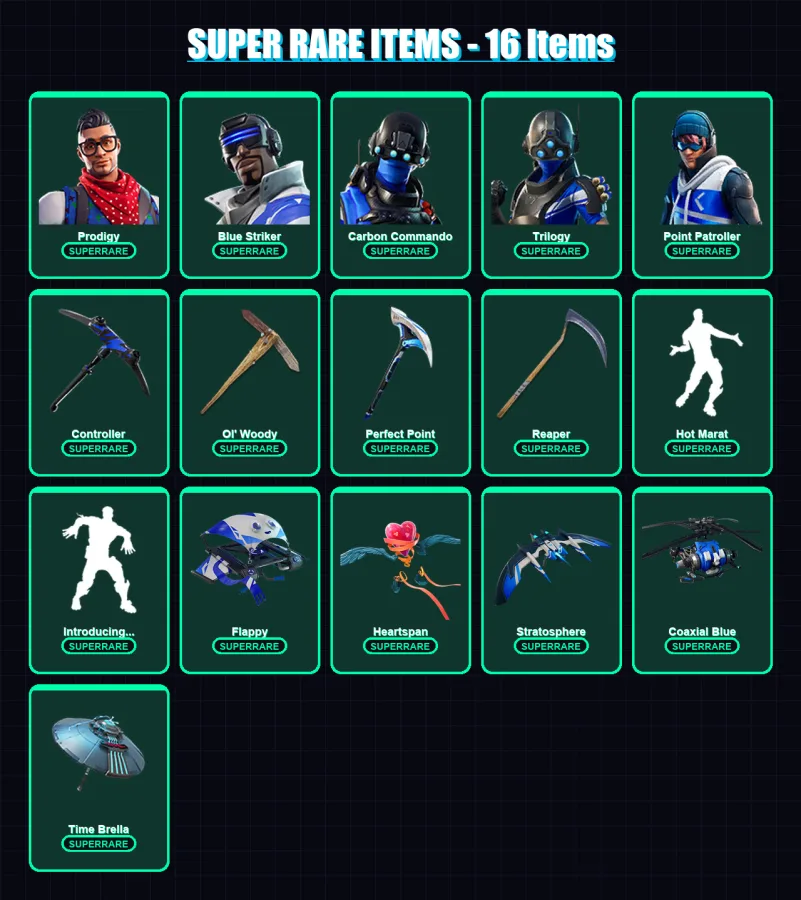 [PC/XBOX] | Prodigy | Blue Striker | Carbon Commando | Trilogy | Point Patroller | 143 skin | 164 pickaxe | 178 emote | 141 glider | Lv2254