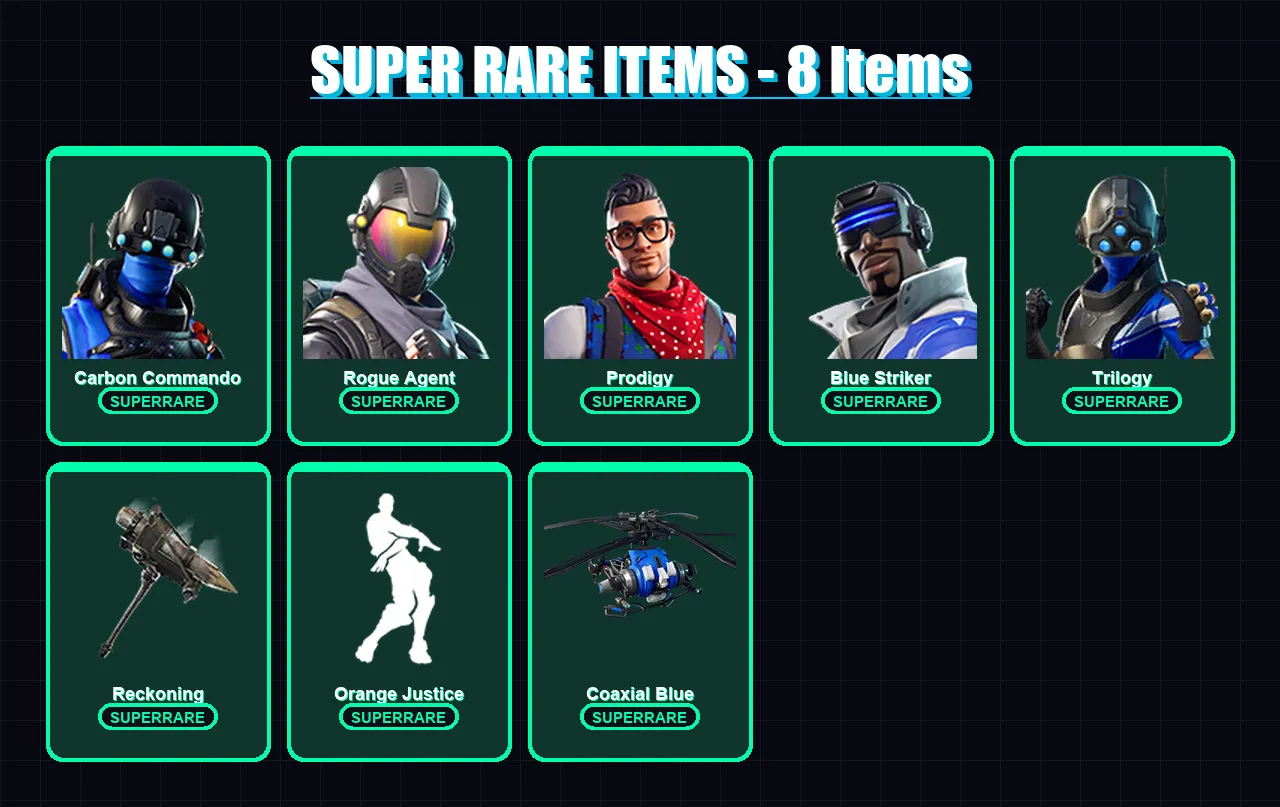 [PS4/PS5/XBOX/PC] | Carbon Commando | Rogue Agent | Prodigy | Blue Striker | Trilogy | 66 skin | 44 pickaxe | 60 emote | 58 glider | Lv618