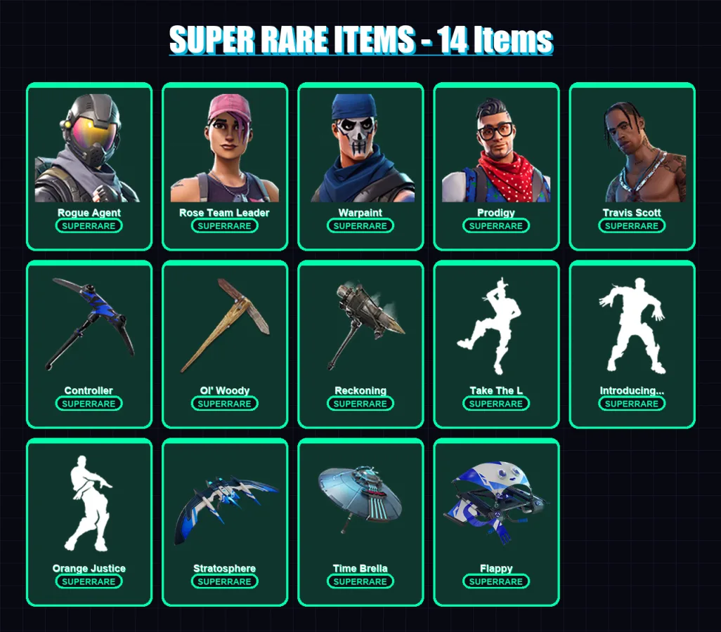 [PC/XBOX/PSN] | Rogue Agent | Rose Team Leader | Warpaint | Prodigy | Travis Scott | 125 skin | 108 pickaxe | 102 emote | 120 glider | Lv1815