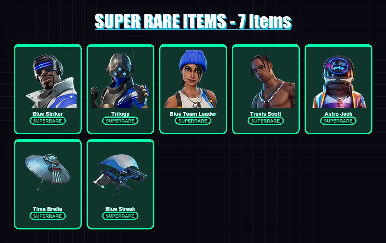 [PS4/PS5/XBOX/PC] | Blue Striker | Trilogy | Blue Team Leader | Travis Scott | Astro Jack | 27 skin | 49 pickaxe | 20 emote | 38 glider | Lv513