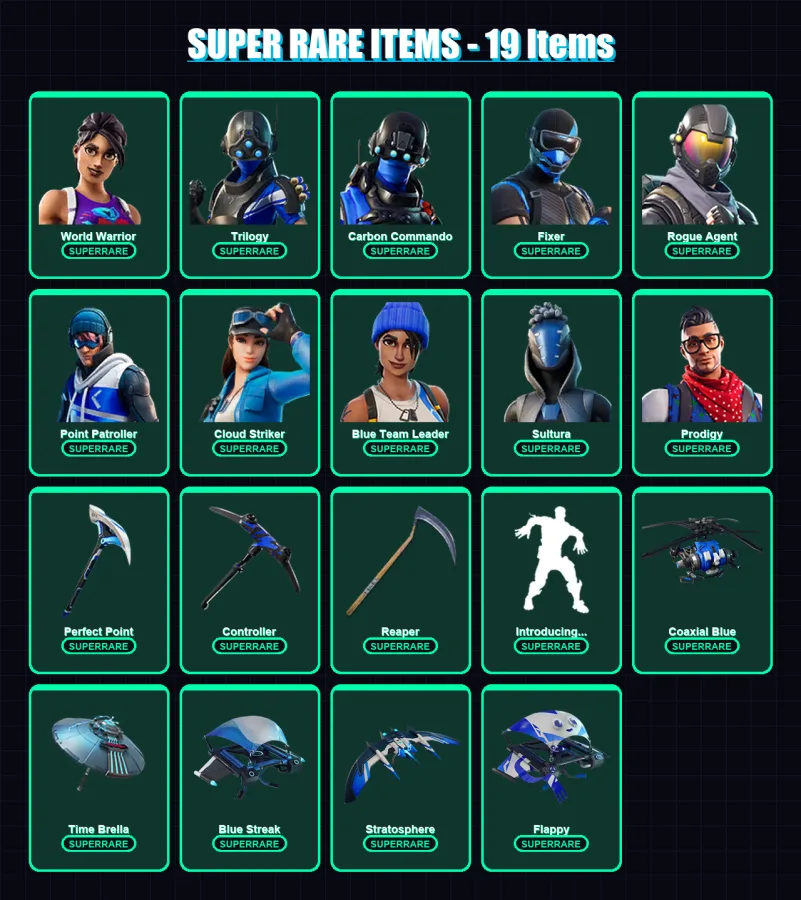[PS4/PS5/XBOX/PC] | World Warrior | Trilogy | Carbon Commando | Fixer | Rogue Agent | 124 skin | 161 pickaxe | 131 emote | 131 glider | Lv2303