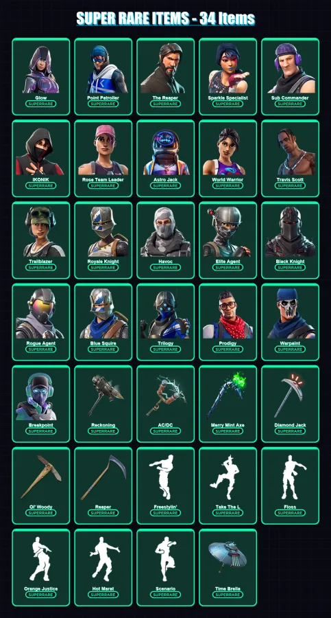 [PS4/PS5/PC] | Glow | Point Patroller | The Reaper | Sparkle Specialist | Sub Commander | 458 skin | 260 pickaxe | 195 emote | 157 glider | Lv1482