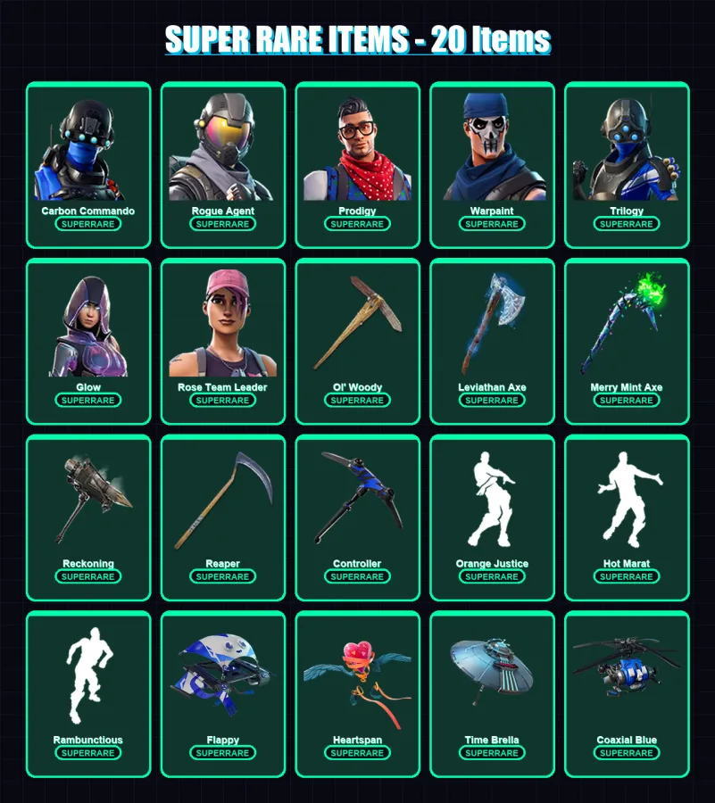 [PC/PSN] | Carbon Commando | Rogue Agent | Prodigy | Warpaint | Trilogy | 298 skin | 268 pickaxe | 198 emote | 189 glider | Lv2148