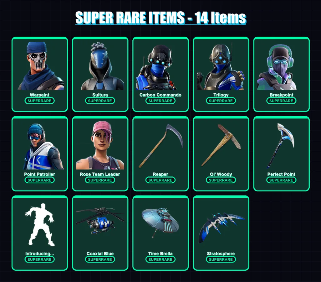 [PS4/PS5/XBOX/PC] | Warpaint | Sultura | Carbon Commando | Trilogy | Breakpoint | 132 skin | 119 pickaxe | 133 emote | 107 glider | Lv1433