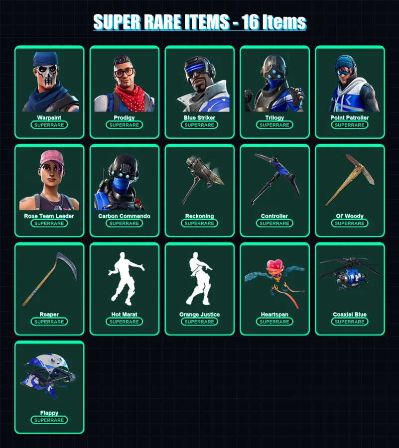 [PC/XBOX/PSN] | Warpaint | Prodigy | Blue Striker | Trilogy | Point Patroller | 111 skin | 94 pickaxe | 100 emote | 94 glider | Lv1487