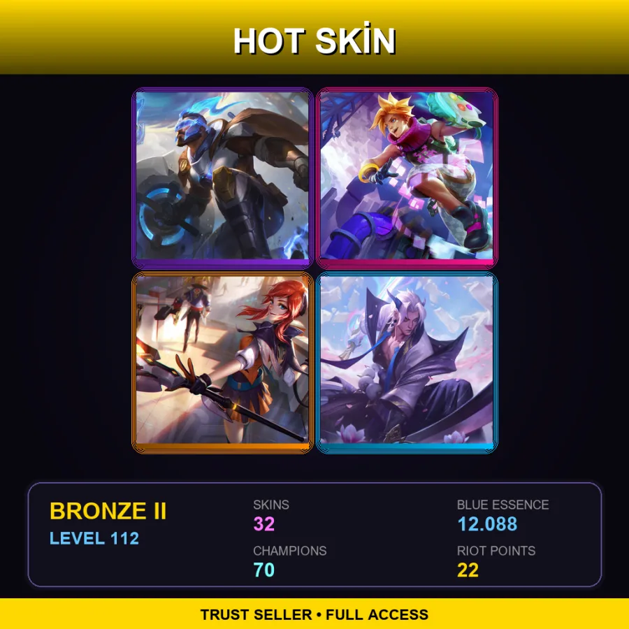 EUW | Pulsefire Pantheon | Arcade Ezreal | Battle Academia Lux | Spirit Blossom Yone | 32 Skin | 70 Champ | Bronze II | Lv112