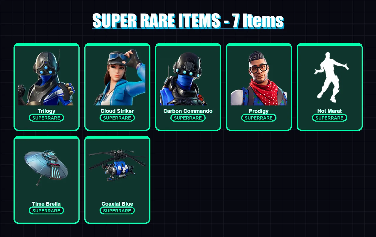 [PS4/PS5/XBOX/PC] | Trilogy | Cloud Striker | Carbon Commando | Prodigy | Zenith | 25 skin | 79 pickaxe | 60 emote | 64 glider | Lv1043