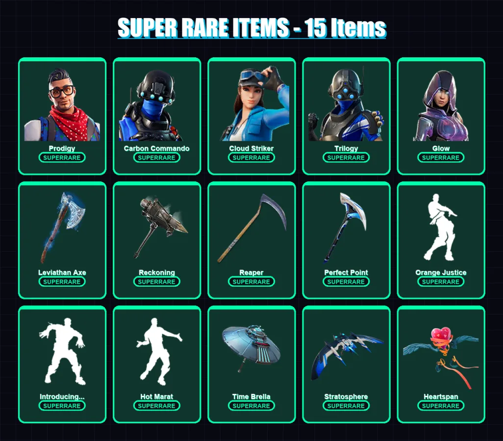 [PS4/PS5/XBOX/PC] | Prodigy | Carbon Commando | Cloud Striker | Trilogy | Glow | 171 skin | 150 pickaxe | 135 emote | 143 glider | Lv2041