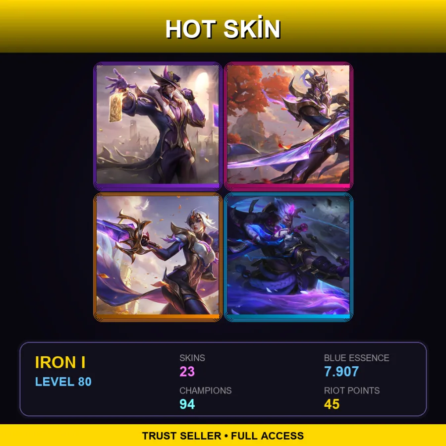 TR | Victorious Twisted Fate | Victorious Master Yi | Victorious Fiora | Spirit Blossom Darius | 23 Skin | 94 Champ | Iron I | Lv80
