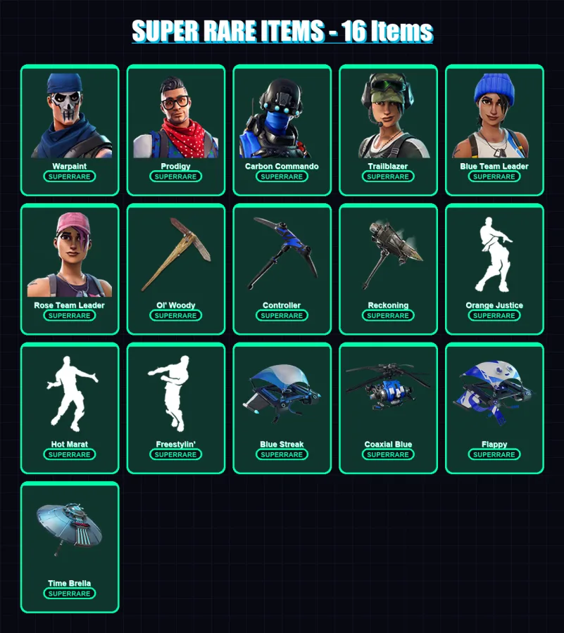 [PC/XBOX] | Warpaint | Prodigy | Carbon Commando | Trailblazer | Blue Team Leader | 77 skin | 38 pickaxe | 61 emote | 49 glider | Lv431 — Fortnite account