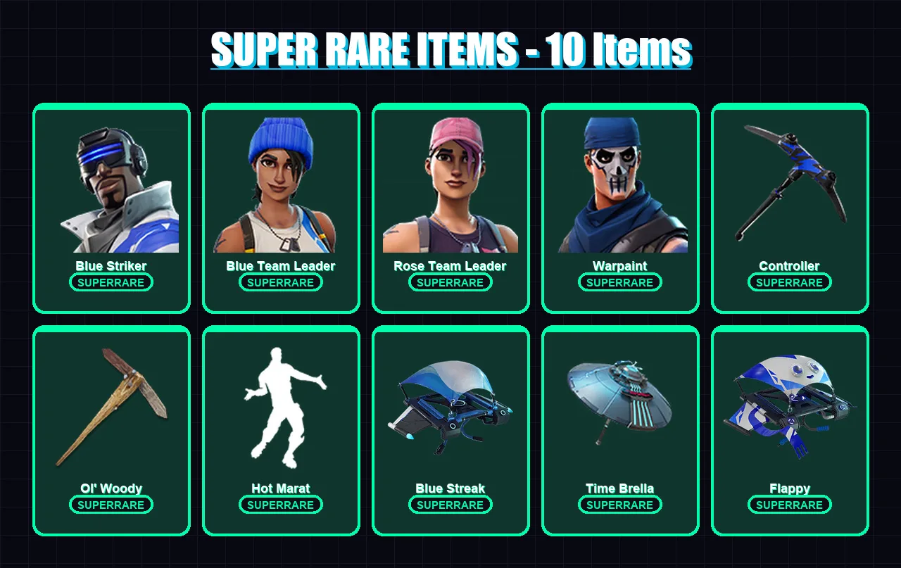 [PC] | Blue Striker | Blue Team Leader | Rose Team Leader | Warpaint | Blackheart | 79 skin | 92 pickaxe | 74 emote | 90 glider | Lv1357