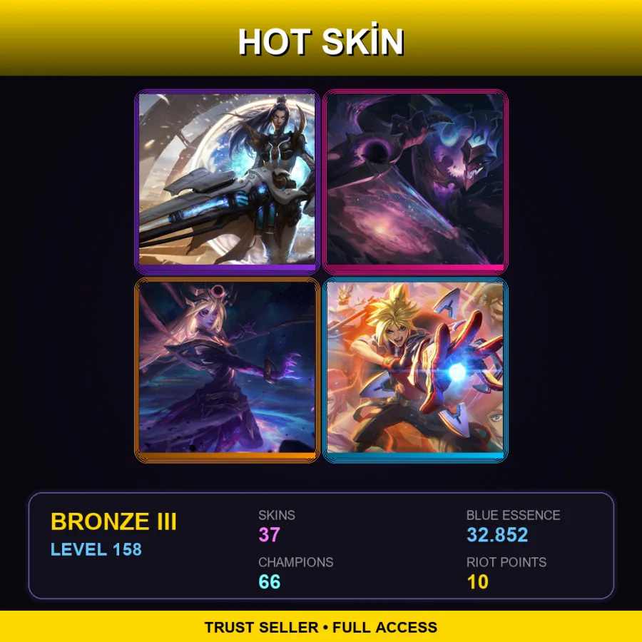 EUW | Pulsefire Caitlyn | Dark Star Shaco | Dark Cosmic Lux | Battle Academia Ezreal | 37 Skin | 66 Champ | Bronze III | Lv158