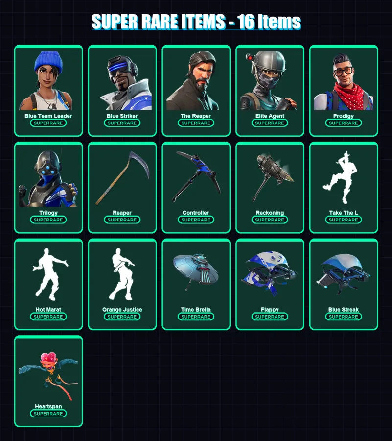 [PC/XBOX/PSN] | Blue Team Leader | Blue Striker | The Reaper | Elite Agent | Prodigy | 109 skin | 83 pickaxe | 93 emote | 92 glider | Lv1390