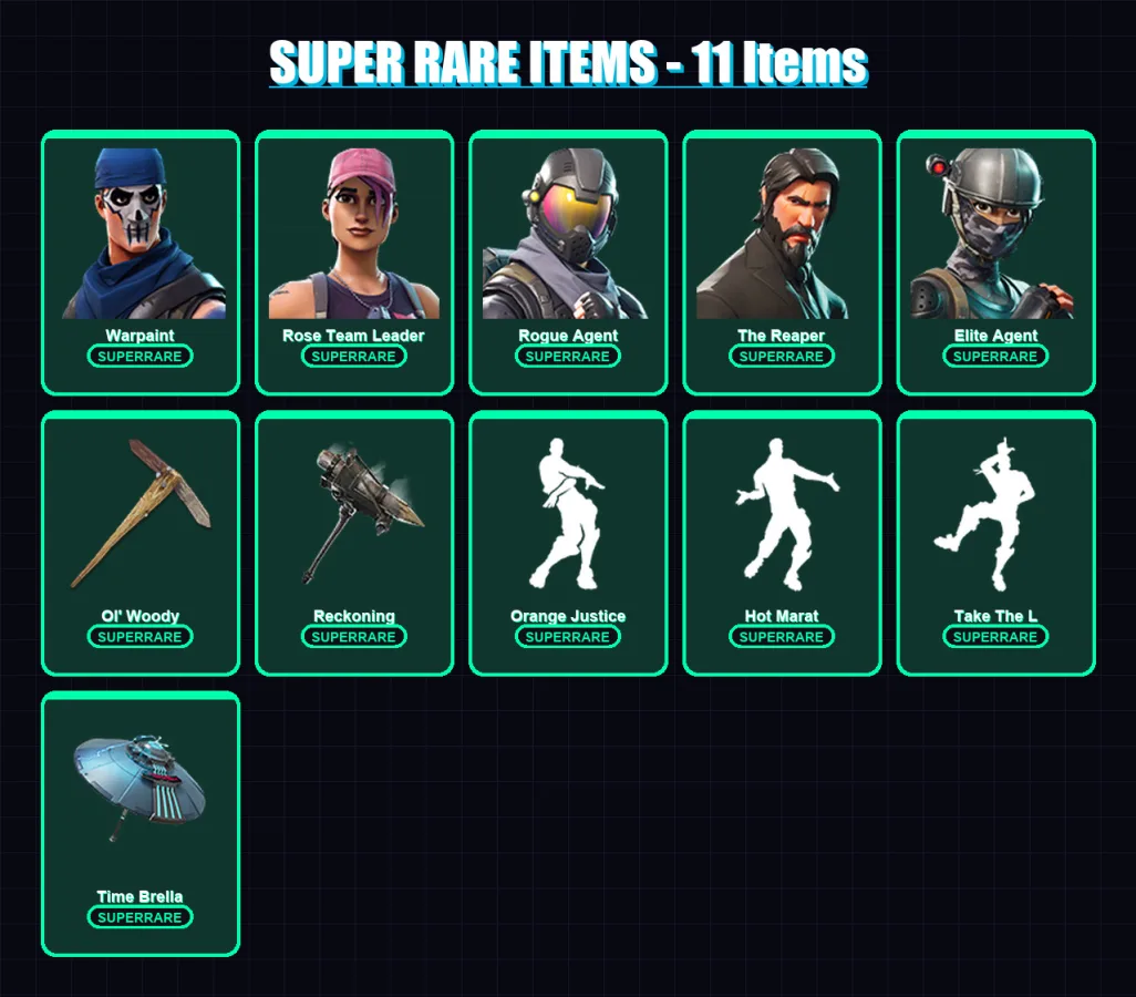 [PC/XBOX/PSN] | Warpaint | Rose Team Leader | Rogue Agent | The Reaper | Elite Agent | 45 skin | 43 pickaxe | 52 emote | 50 glider | Lv928